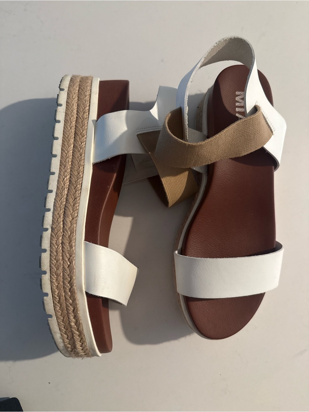 MIA White Leather Platform Sandals with Tan Elastic Strap